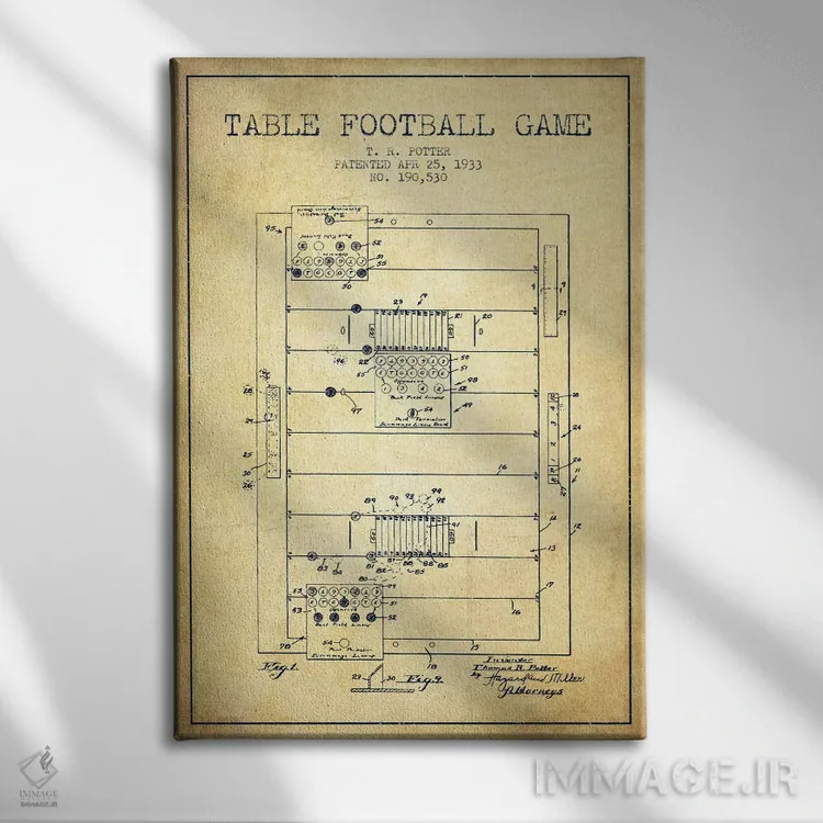 تابلو نقشهٔ ثبت اختراع فوتبال رومیزی (طرح کلاسیک) اثر پیکسل کهنه (استودیو/نام هنری) - نمای روبهرو روی دیوار