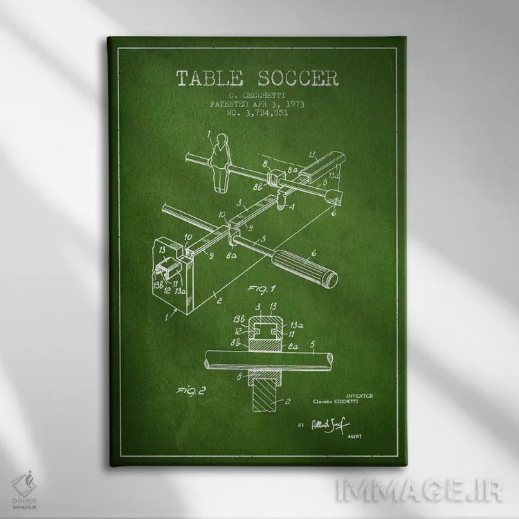 تابلو نقشهٔ ثبت اختراع فوتبالسُقری سبز اثر پیکسل کهنه (استودیو/نام هنری) - نمای روبهرو روی دیوار