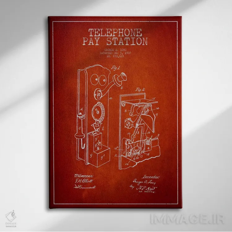 تابلو نقشهٔ ثبت اختراع تلفن بلند (قرمز) اثر پیکسل کهنه (استودیو/نام هنری) - نمای روبهرو روی دیوار