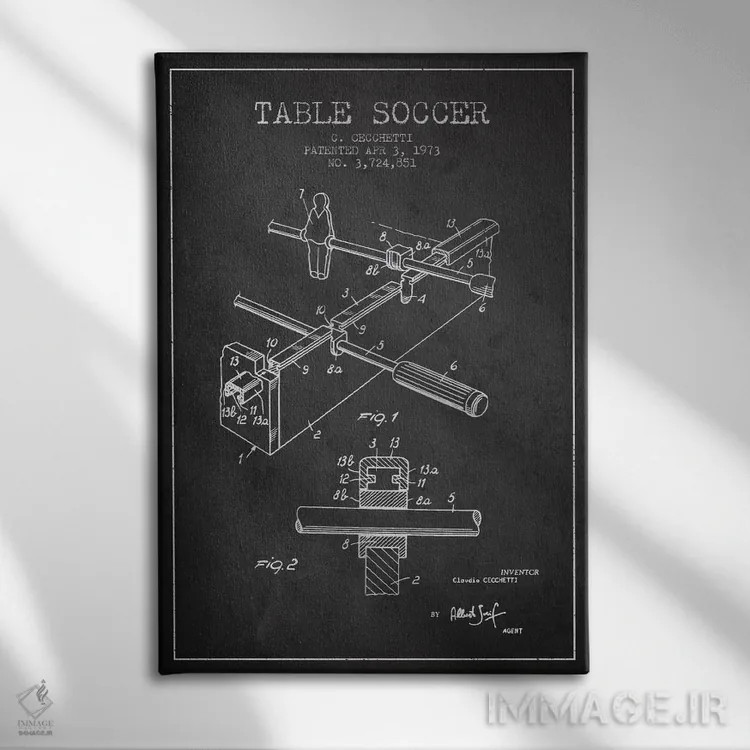 تابلو نقشهٔ ثبت اختراع فوتبالسُقری خاکستری اثر پیکسل کهنه (استودیو/نام هنری) - نمای روبهرو روی دیوار