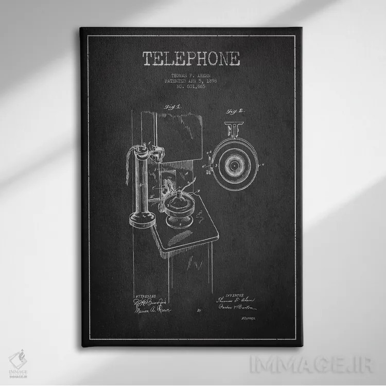 تابلو نقشهٔ ثبت اختراع تلفن اهِرن (تیره) اثر پیکسل کهنه (استودیو/نام هنری) - نمای روبهرو روی دیوار