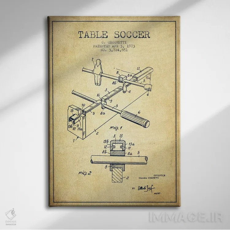 تابلو نقشهٔ ثبت اختراع فوتبال دستی (قدیمی) اثر پیکسل کهنه (استودیو/نام هنری) - نمای روبهرو روی دیوار
