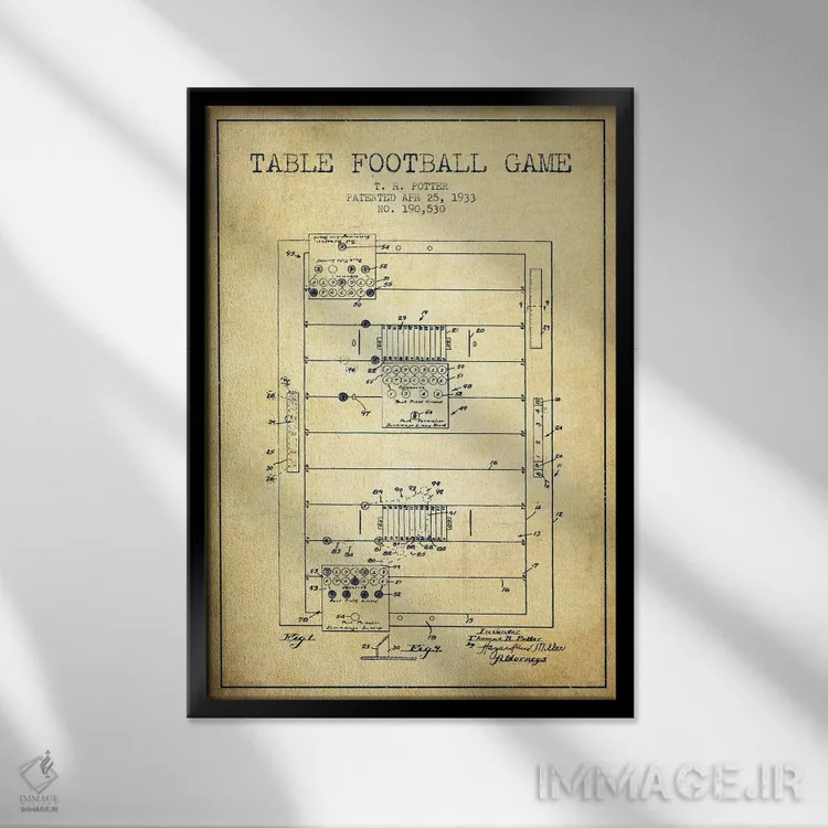 تابلو نقشهٔ ثبت اختراع فوتبال رومیزی (طرح کلاسیک) اثر پیکسل کهنه (استودیو/نام هنری) - نمای قابدار مشکی