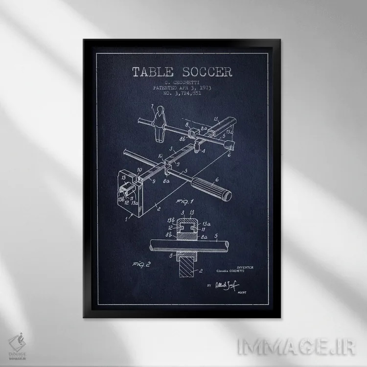 تابلو نقشهٔ ثبت اختراع فوتبال دستی (آبی نفتی) اثر پیکسل کهنه (استودیو/نام هنری) - نمای قابدار مشکی