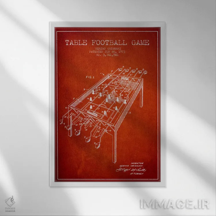 تابلو نقشهٔ ثبت اختراع فوتبال رومیزی ۲ قرمز اثر پیکسل کهنه (استودیو/نام هنری) - نمای قابدار سفید