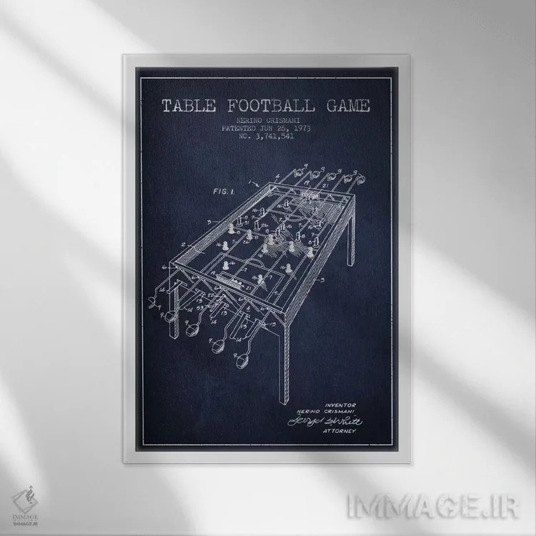 تابلو نقشهٔ ثبت اختراع فوتبال رومیزی ۲ آبی نفتی اثر پیکسل کهنه (استودیو/نام هنری) - نمای قابدار سفید