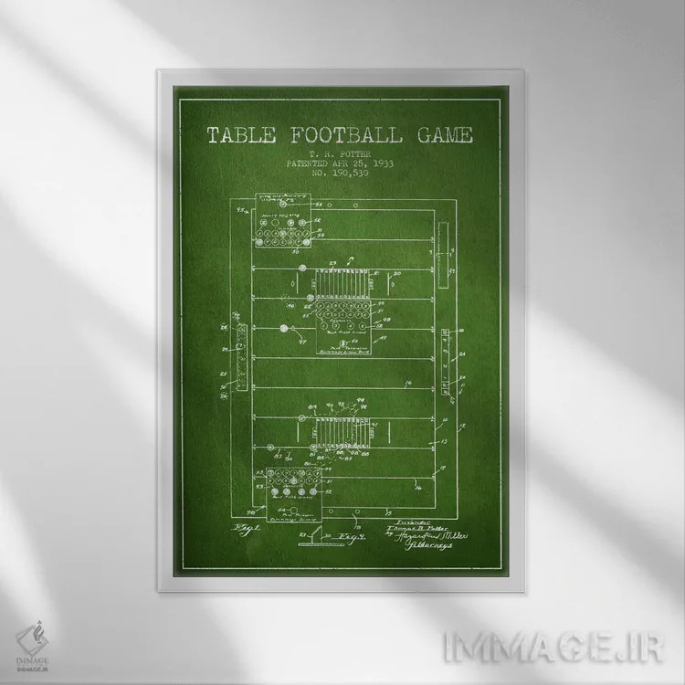 تابلو نقشهٔ ثبت اختراع فوتبال رومیزی سبز اثر پیکسل کهنه (استودیو/نام هنری) - نمای قابدار سفید