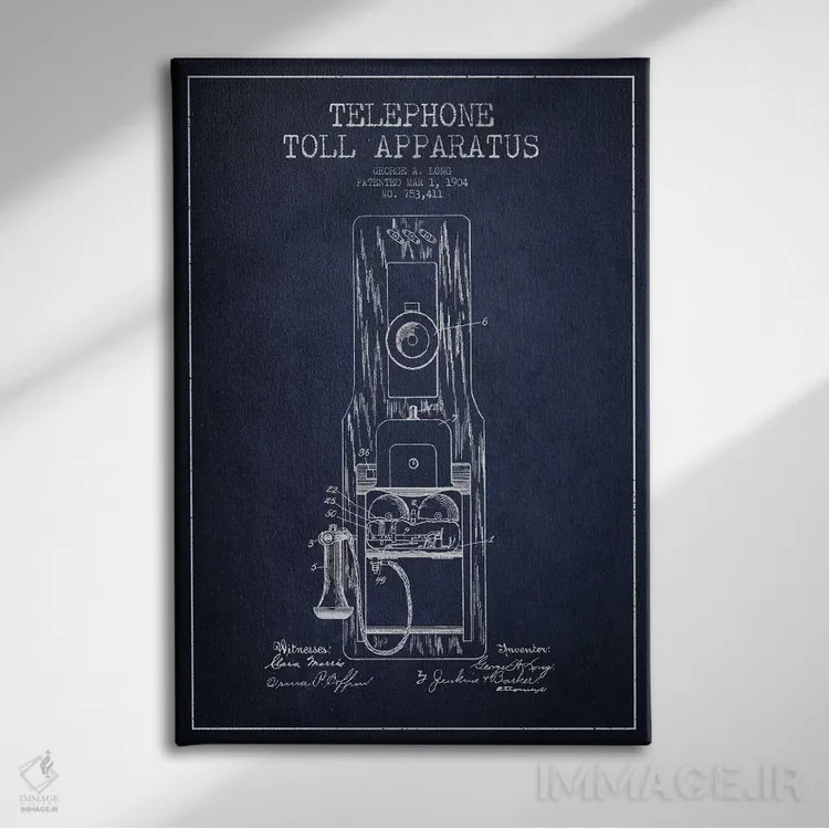 تابلو نقشهٔ ثبت اختراع تلفن بینالمللی بلند (آبی) اثر پیکسل کهنه (استودیو/نام هنری) - نمای روبهرو روی دیوار
