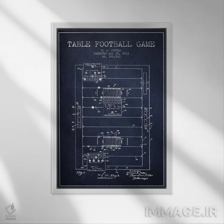تابلو نقشهٔ ثبت اختراع فوتبال رومیزی آبی نفتی اثر پیکسل کهنه (استودیو/نام هنری) - نمای قابدار سفید
