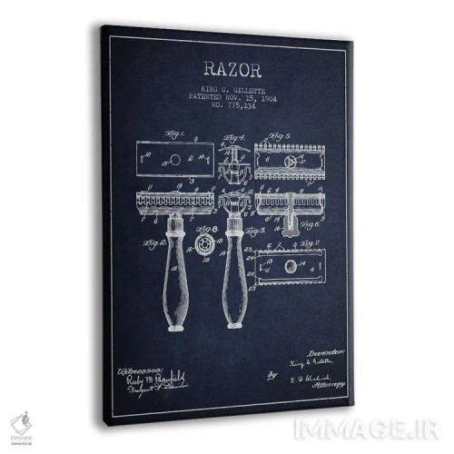 تابلو نقشهٔ ثبت اختراع تیغ اصلاح (آبی نفتی) اثر پیکسل کهنه (استودیو/نام هنری) - نمای پرسپکتیو محصول