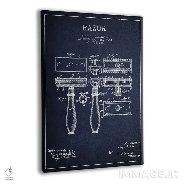 تابلو نقشهٔ ثبت اختراع تیغ اصلاح (آبی نفتی) اثر پیکسل کهنه (استودیو/نام هنری) - نمای پرسپکتیو محصول