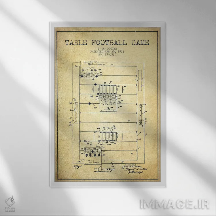 تابلو نقشهٔ ثبت اختراع فوتبال رومیزی (طرح کلاسیک) اثر پیکسل کهنه (استودیو/نام هنری) - نمای قابدار سفید