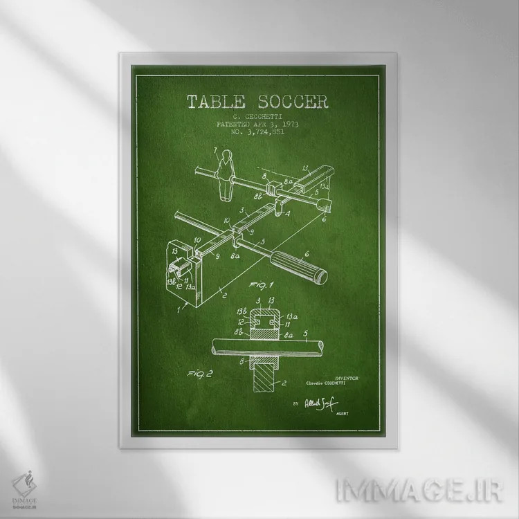 تابلو نقشهٔ ثبت اختراع فوتبالسُقری سبز اثر پیکسل کهنه (استودیو/نام هنری) - نمای قابدار سفید