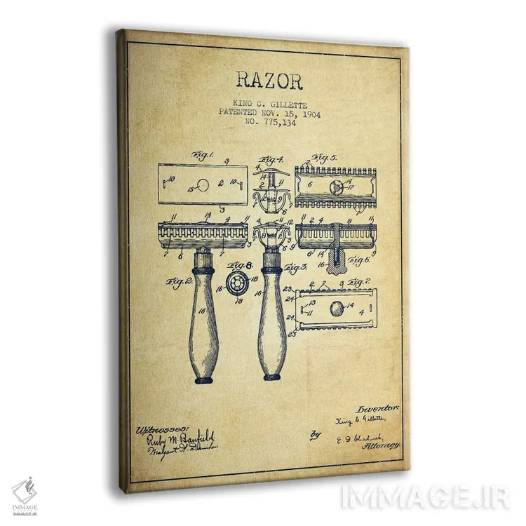 تابلو نقشهٔ ثبت اختراع قدیمی تیغ اصلاح اثر پیکسل کهنه (استودیو/نام هنری) - نمای پرسپکتیو محصول