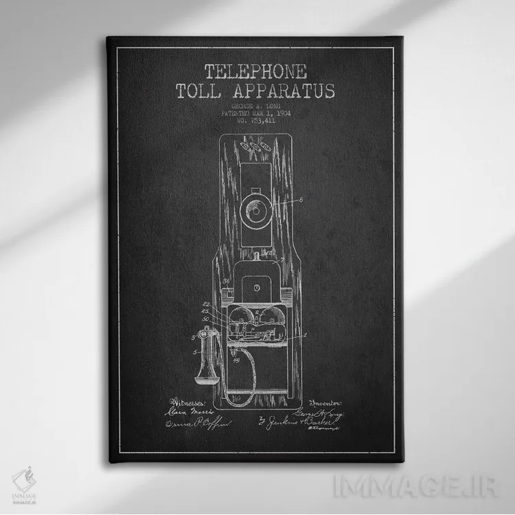 تابلو نقشهٔ ثبت اختراع تلفن راه دور بلند (تیره) اثر پیکسل کهنه (استودیو/نام هنری) - نمای روبهرو روی دیوار