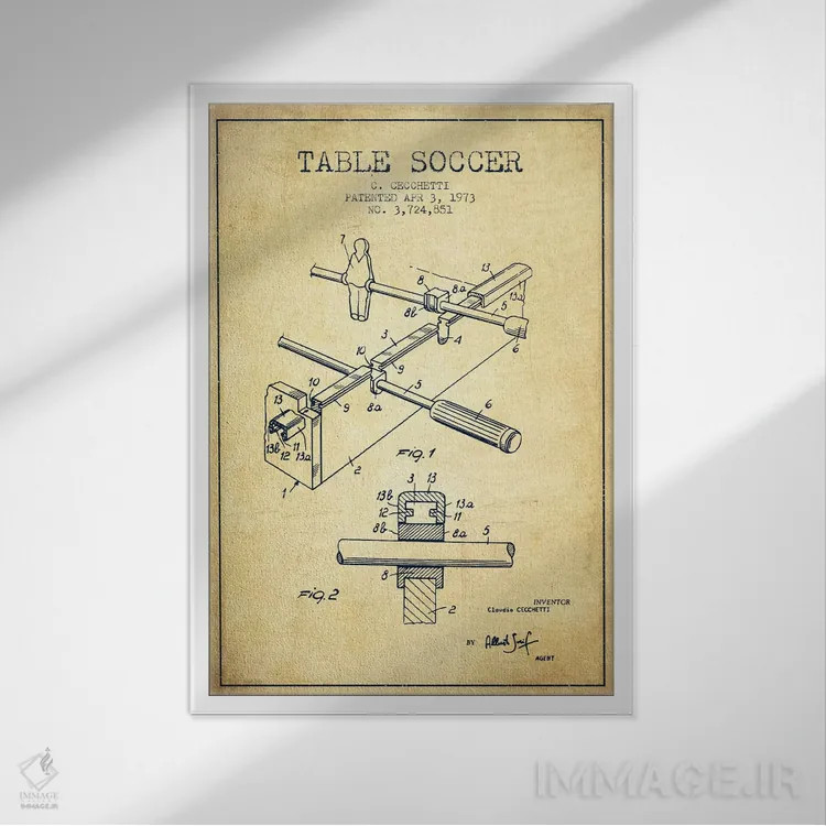 تابلو نقشهٔ ثبت اختراع فوتبال دستی (قدیمی) اثر پیکسل کهنه (استودیو/نام هنری) - نمای قابدار سفید