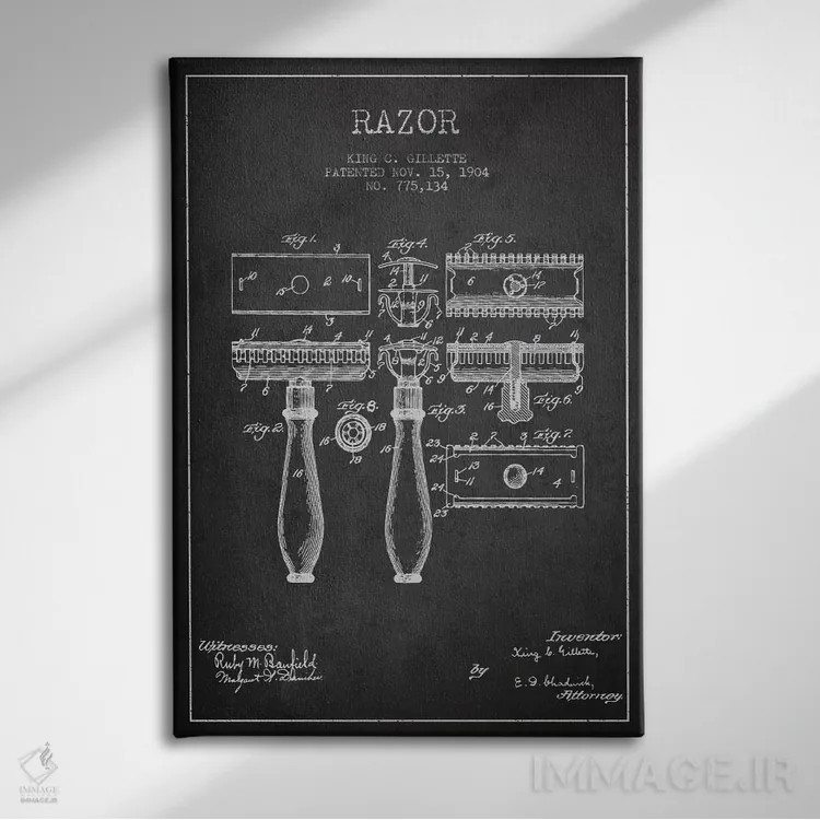 تابلو نقشهٔ ثبت اختراع تیغ اصلاح (زغالی) اثر پیکسل کهنه (استودیو/نام هنری) - نمای روبهرو روی دیوار