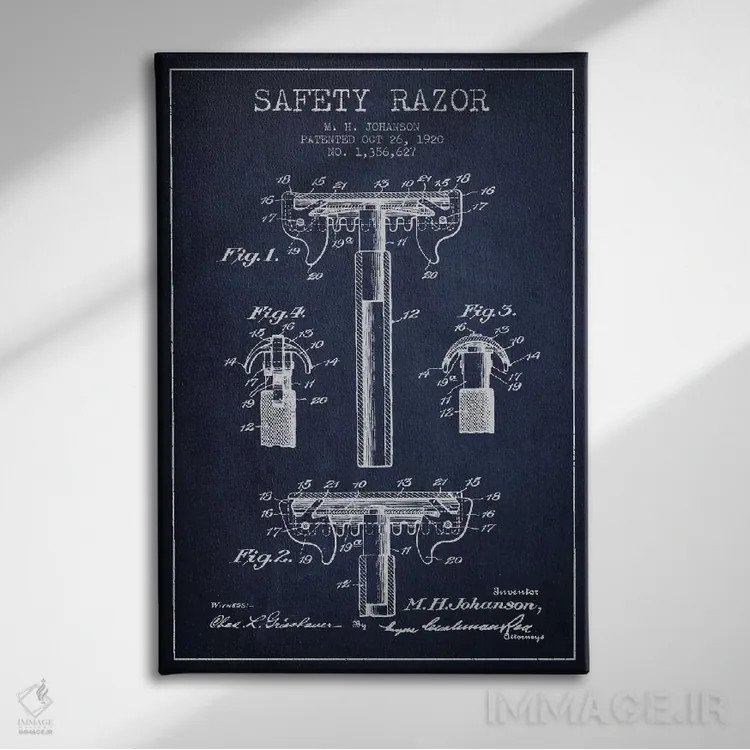 تابلو نقشه ثبت اختراع ریشتراش (آبی نفتی) اثر پیکسل کهنه (استودیو/نام هنری) - نمای روبهرو روی دیوار