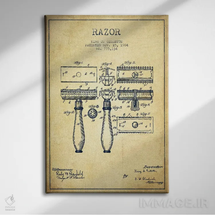 تابلو نقشهٔ ثبت اختراع قدیمی تیغ اصلاح اثر پیکسل کهنه (استودیو/نام هنری) - نمای روبهرو روی دیوار