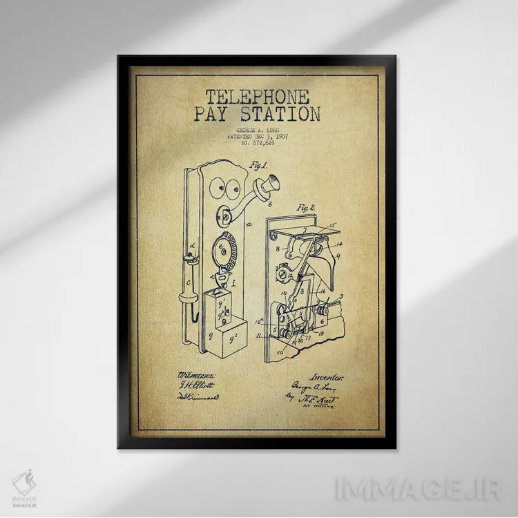 تابلو نقشهٔ ثبت اختراع تلفن بلند (قدیمی) اثر پیکسل کهنه (استودیو/نام هنری) - نمای قابدار مشکی