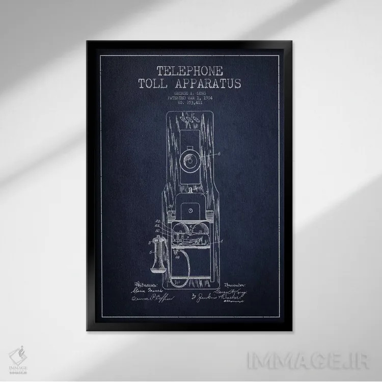 تابلو نقشهٔ ثبت اختراع تلفن بینالمللی بلند (آبی) اثر پیکسل کهنه (استودیو/نام هنری) - نمای قابدار مشکی