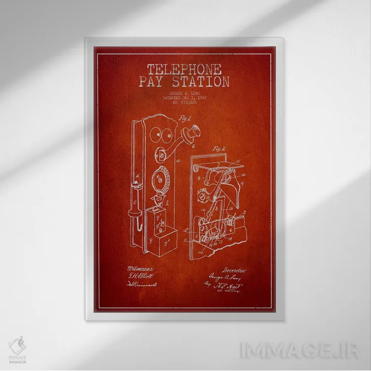 تابلو نقشهٔ ثبت اختراع تلفن بلند (قرمز) اثر پیکسل کهنه (استودیو/نام هنری) - نمای قابدار سفید