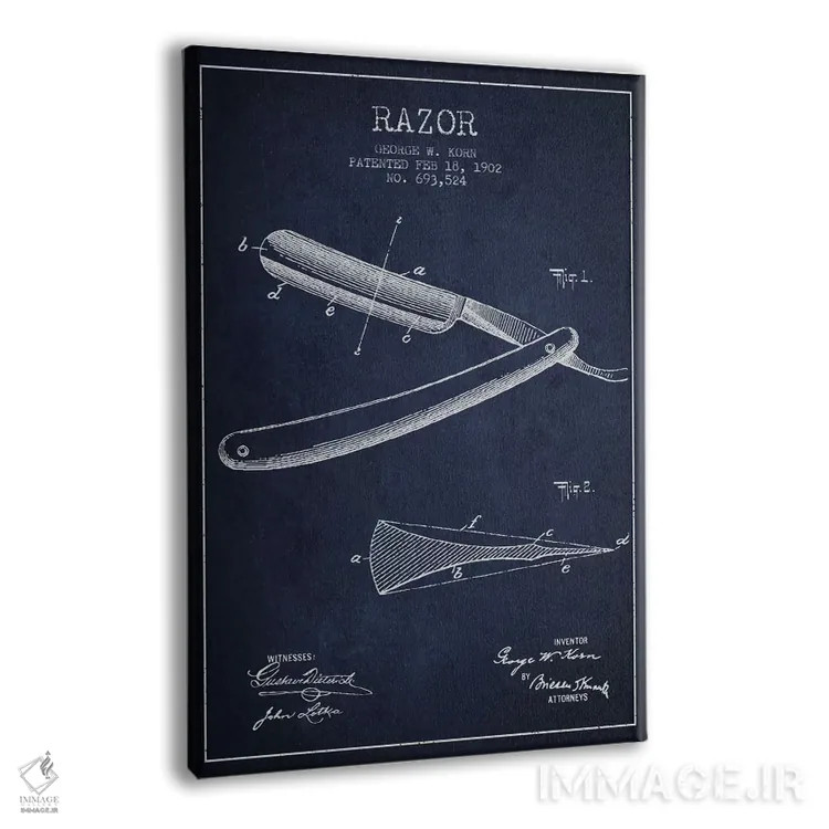 تابلو نقشه ثبت اختراع ریشتراش (آبی نفتی) اثر پیکسل کهنه (استودیو/نام هنری) - نمای پرسپکتیو محصول