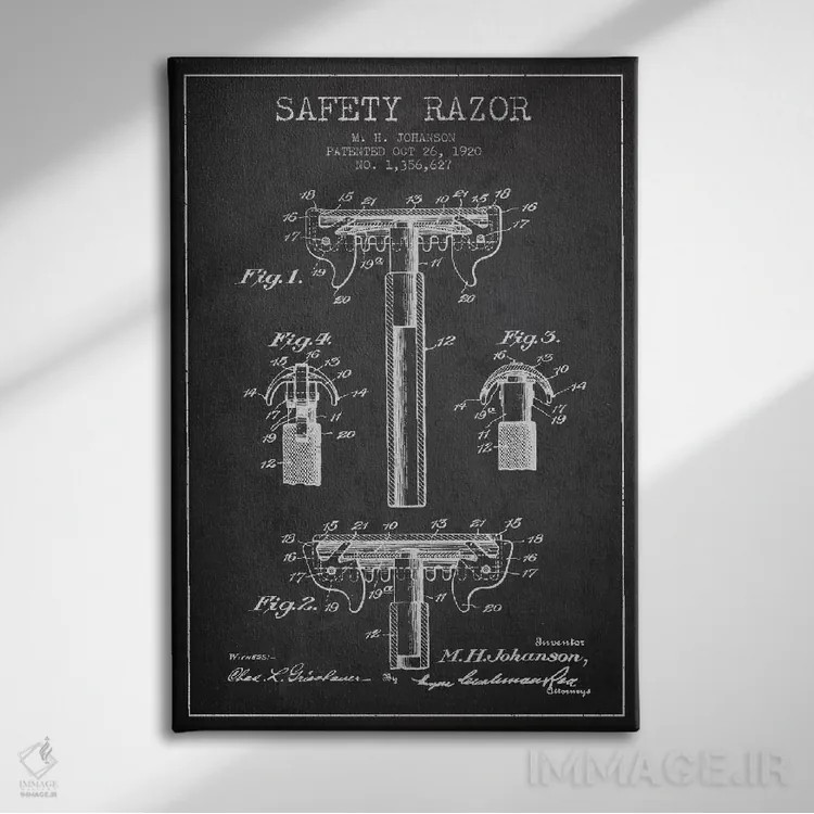 تابلو نقشهٔ ثبت اختراع تیغ اصلاح (زغالی) اثر پیکسل کهنه (استودیو/نام هنری) - نمای روبهرو روی دیوار