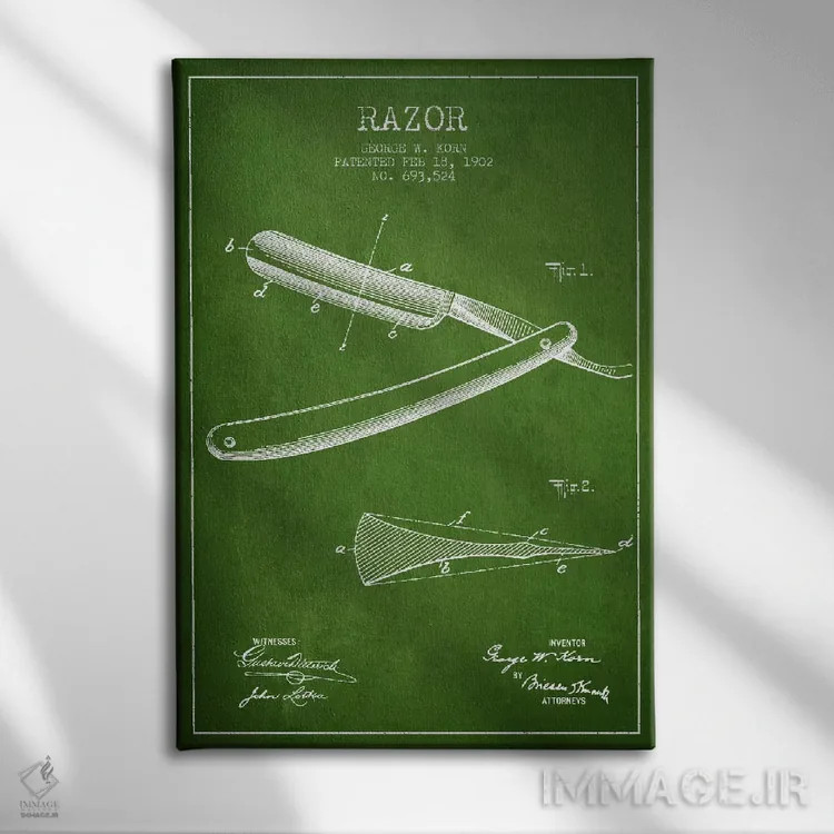 تابلو نقشه ثبت اختراع ریشتراش (سبز) اثر پیکسل کهنه (استودیو/نام هنری) - نمای روبهرو روی دیوار