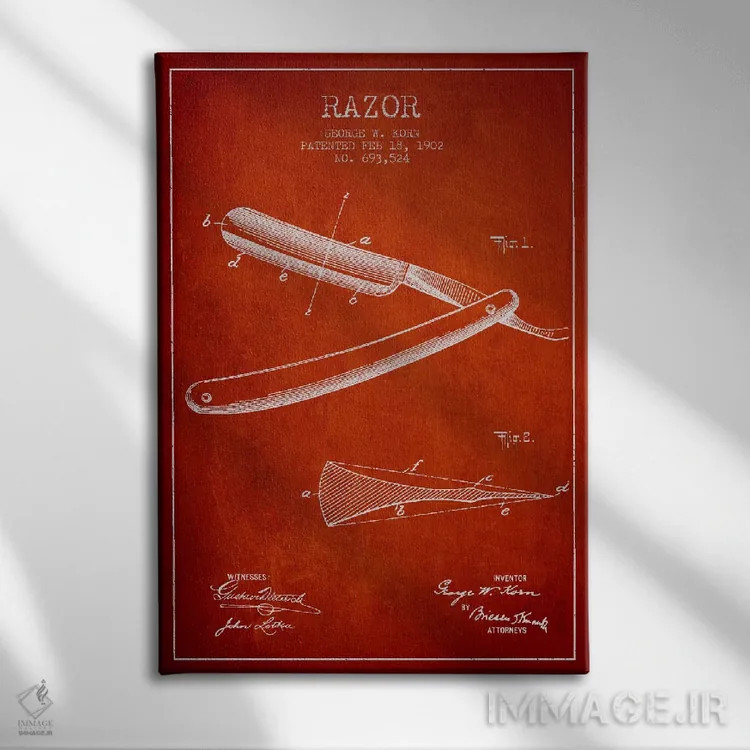 تابلو نقشه ثبت اختراع ریشتراش (قرمز) اثر پیکسل کهنه (استودیو/نام هنری) - نمای روبهرو روی دیوار