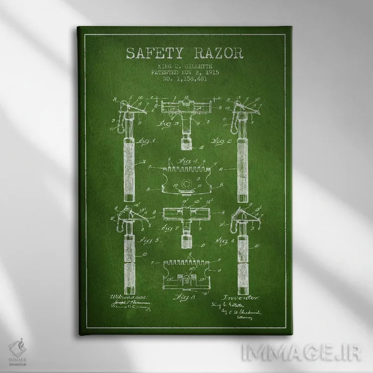 تابلو نقشه ثبت اختراع ریشتراش (سبز) اثر پیکسل کهنه (استودیو/نام هنری) - نمای روبهرو روی دیوار