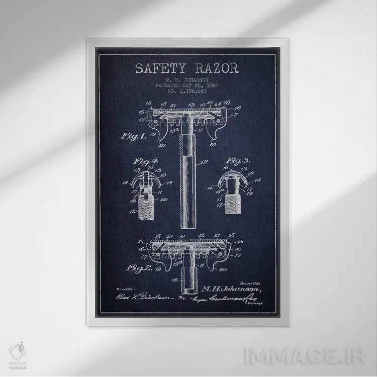 تابلو نقشه ثبت اختراع ریشتراش (آبی نفتی) اثر پیکسل کهنه (استودیو/نام هنری) - نمای قابدار سفید