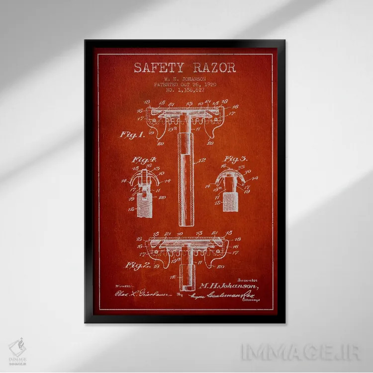 تابلو نقشه ثبت اختراع ریشتراش (قرمز) اثر پیکسل کهنه (استودیو/نام هنری) - نمای قابدار مشکی