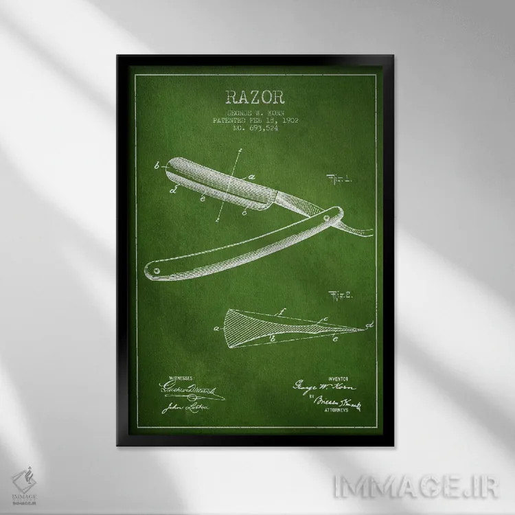 تابلو نقشه ثبت اختراع ریشتراش (سبز) اثر پیکسل کهنه (استودیو/نام هنری) - نمای قابدار مشکی