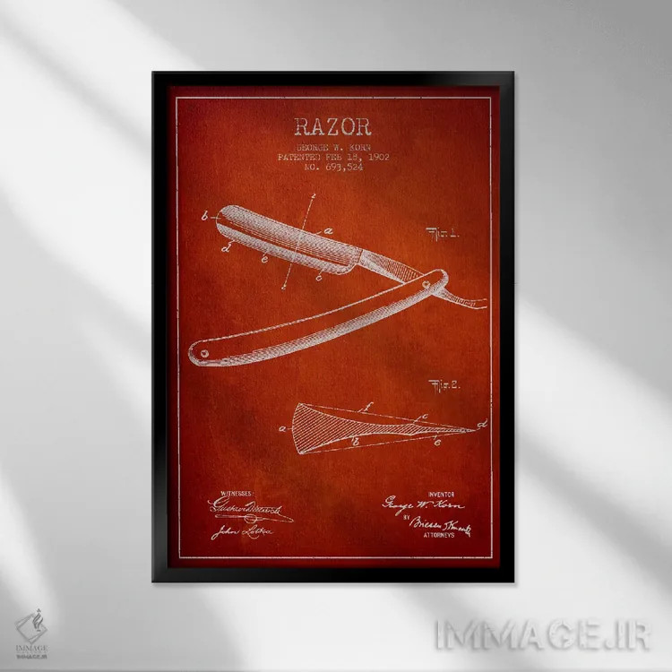 تابلو نقشه ثبت اختراع ریشتراش (قرمز) اثر پیکسل کهنه (استودیو/نام هنری) - نمای قابدار مشکی