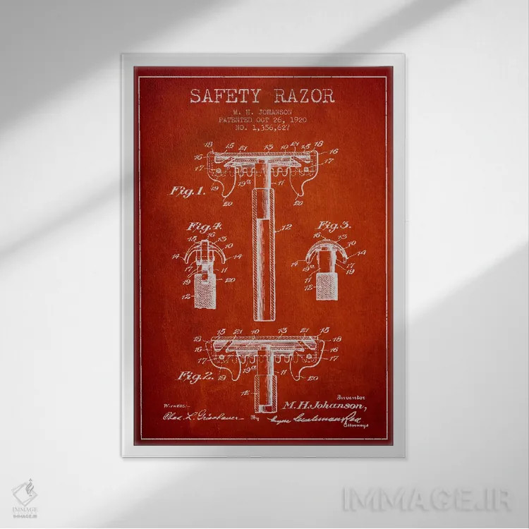 تابلو نقشه ثبت اختراع ریشتراش (قرمز) اثر پیکسل کهنه (استودیو/نام هنری) - نمای قابدار سفید