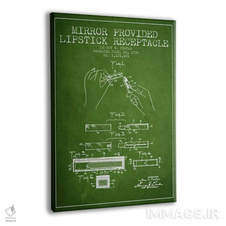 تابلو نقشهٔ ثبت اختراع رژ لب با آینه سبز اثر پیکسل کهنه (استودیو/نام هنری) - نمای پرسپکتیو محصول
