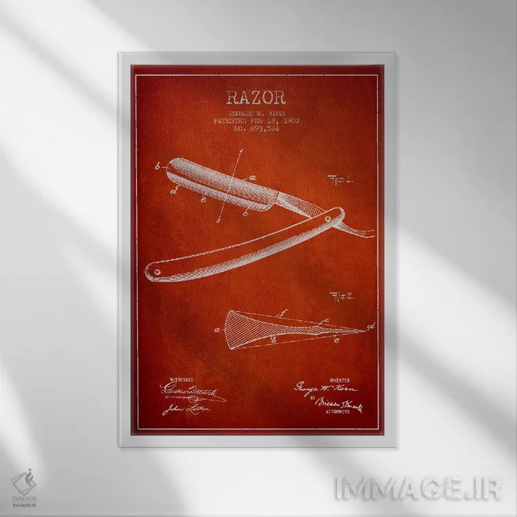 تابلو نقشه ثبت اختراع ریشتراش (قرمز) اثر پیکسل کهنه (استودیو/نام هنری) - نمای قابدار سفید