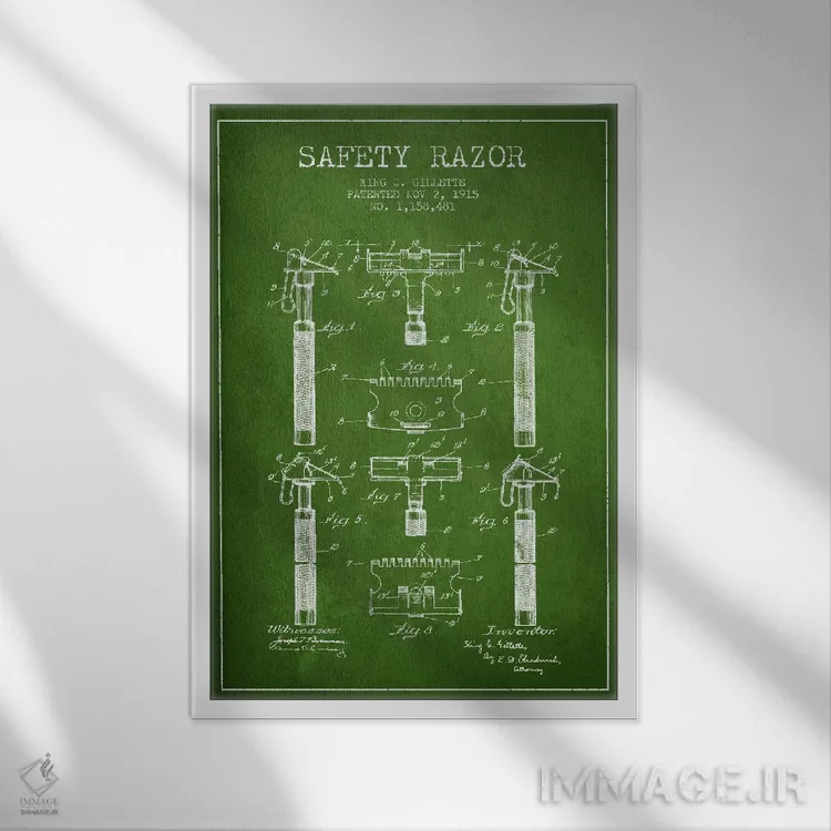 تابلو نقشه ثبت اختراع ریشتراش (سبز) اثر پیکسل کهنه (استودیو/نام هنری) - نمای قابدار سفید