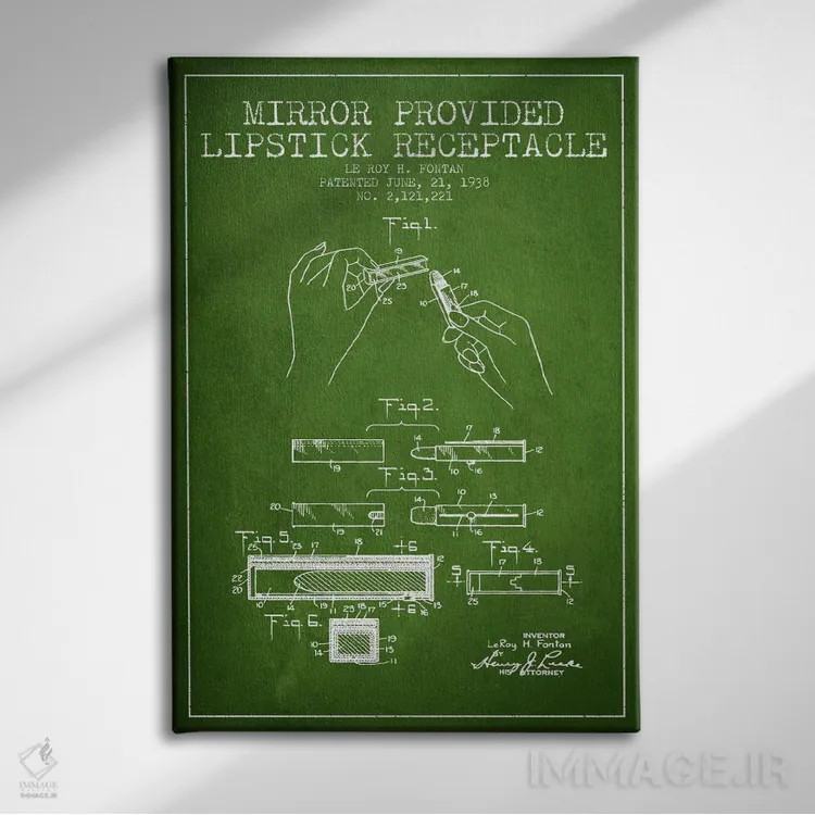 تابلو نقشهٔ ثبت اختراع رژ لب با آینه سبز اثر پیکسل کهنه (استودیو/نام هنری) - نمای روبهرو روی دیوار