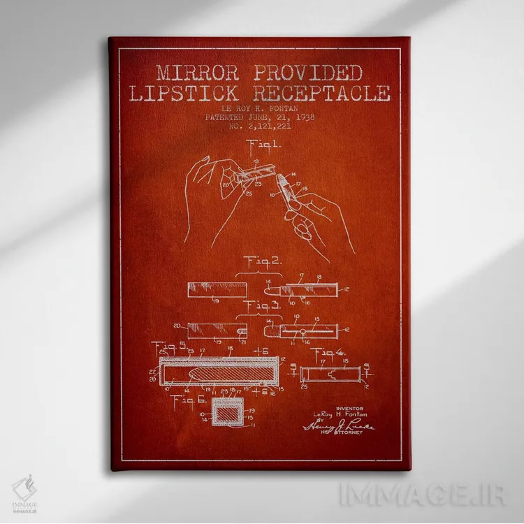 تابلو نقشهٔ ثبت اختراع رژ لب با آینه قرمز اثر پیکسل کهنه (استودیو/نام هنری) - نمای روبهرو روی دیوار