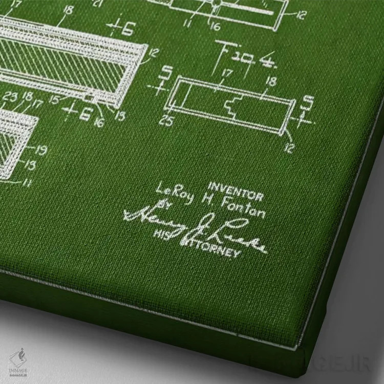 تابلو نقشهٔ ثبت اختراع رژ لب با آینه سبز اثر پیکسل کهنه (استودیو/نام هنری) - نمای نزدیک بافت بوم