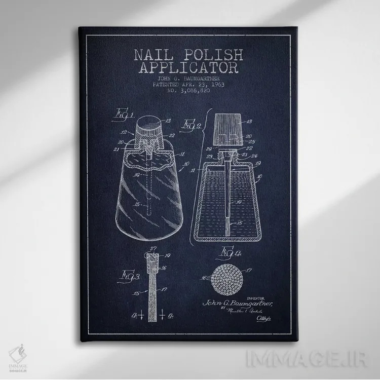 تابلو نقشهٔ ثبت اختراع اپلیکاتور ناخن (سرمهای) اثر پیکسل کهنه (استودیو/نام هنری) - نمای روبهرو روی دیوار