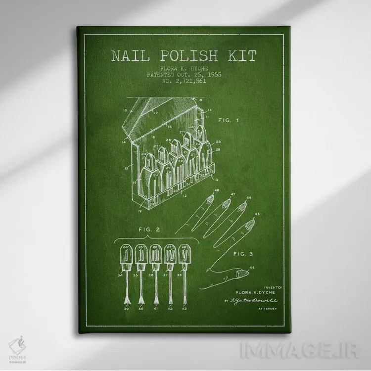 تابلو نقشهٔ ثبت اختراع کیت لاک ناخن (سبز) اثر پیکسل کهنه (استودیو/نام هنری) - نمای روبهرو روی دیوار