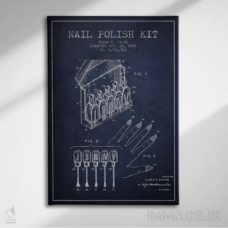 تابلو نقشهٔ ثبت اختراع کیت لاک ناخن (سرمهای) اثر پیکسل کهنه (استودیو/نام هنری) - نمای روبهرو روی دیوار