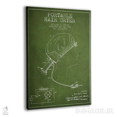 تابلو نقشهٔ ثبت اختراع سشوار قابل حمل (سبز) اثر پیکسل کهنه (استودیو/نام هنری) - نمای پرسپکتیو محصول