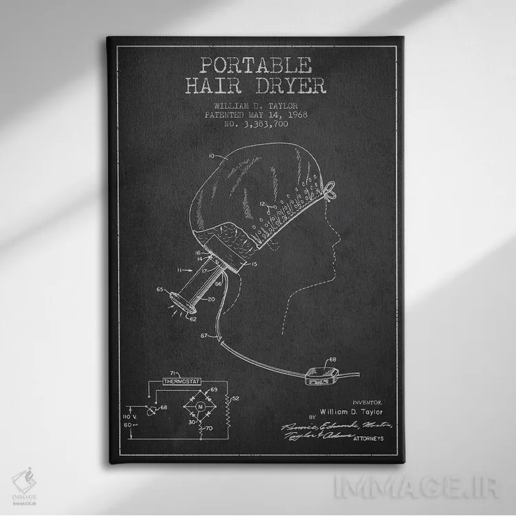 تابلو نقشهٔ ثبت اختراع سشوار قابل حمل (زغالی) اثر پیکسل کهنه (استودیو/نام هنری) - نمای روبهرو روی دیوار