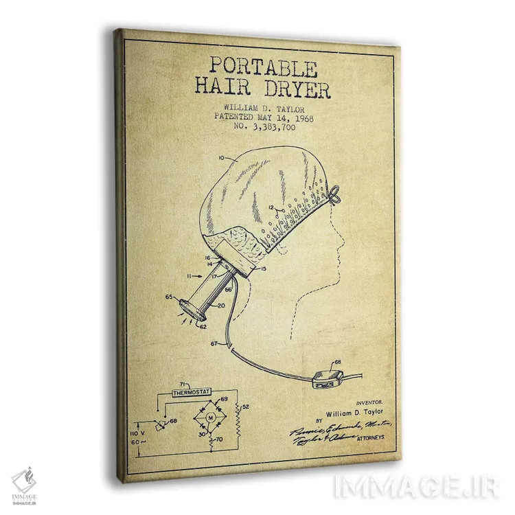 تابلو نقشهٔ ثبت اختراع سشوار قابل حمل (وینتیج/قدیمی) اثر پیکسل کهنه (استودیو/نام هنری) - نمای پرسپکتیو محصول