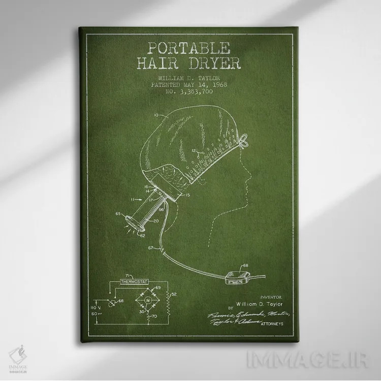 تابلو نقشهٔ ثبت اختراع سشوار قابل حمل (سبز) اثر پیکسل کهنه (استودیو/نام هنری) - نمای روبهرو روی دیوار