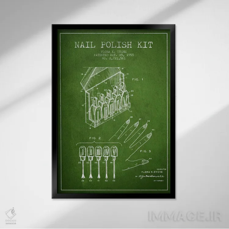 تابلو نقشهٔ ثبت اختراع کیت لاک ناخن (سبز) اثر پیکسل کهنه (استودیو/نام هنری) - نمای قابدار مشکی
